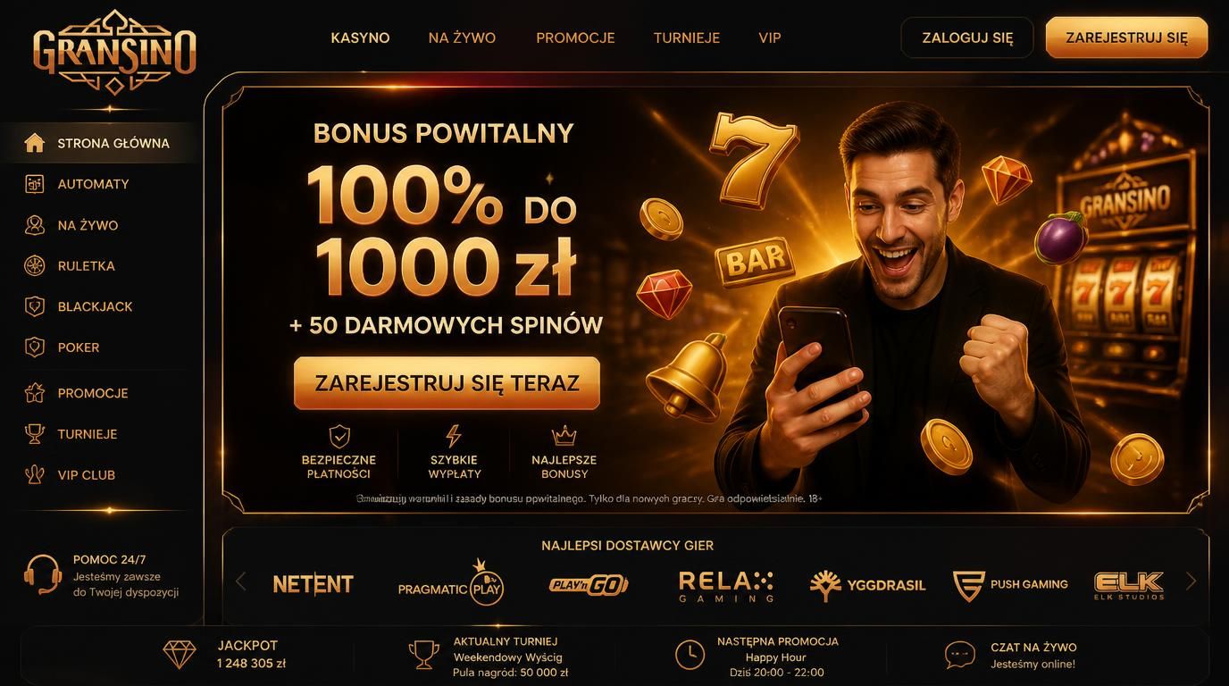 Nowy gracz odbiera bonus powitalny w kasynie Gransino z free spinami