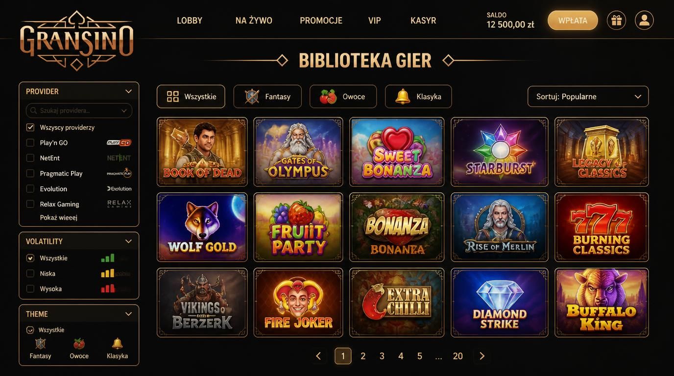  ekran z filtrowaniem gier po dostawcy, temacie i volatility 