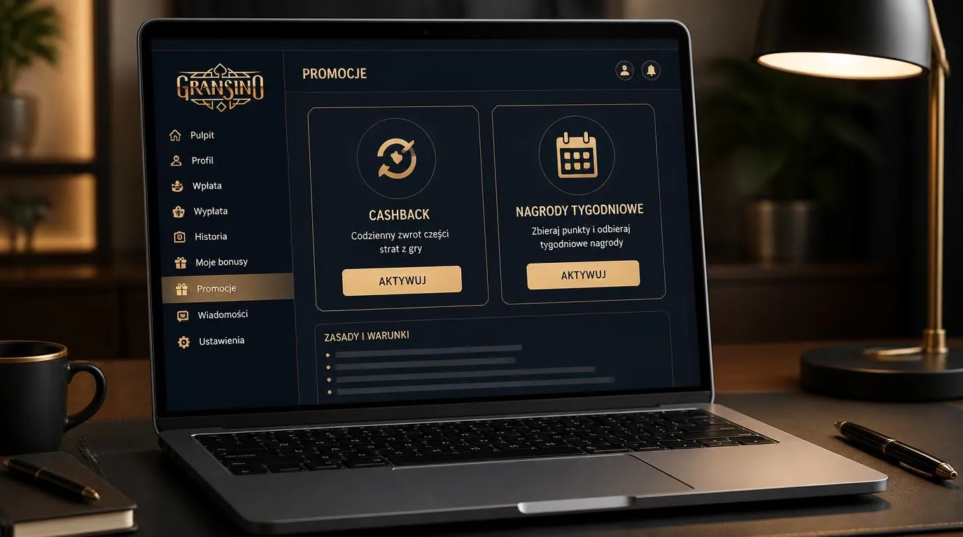 Ekran konta kasyna z zakładką promocji, ofertą cashback i nagrodami tygodniowymi