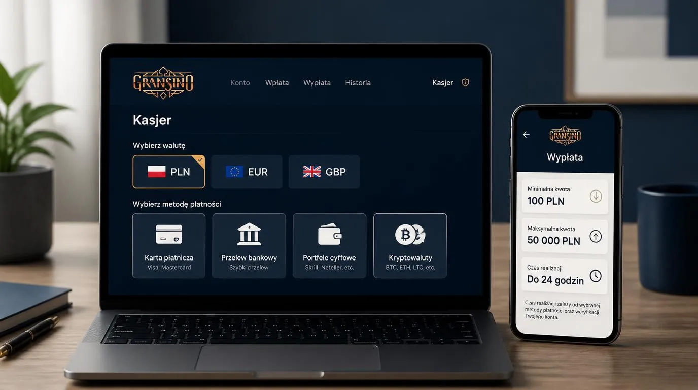 Ekran kasy online z wyborem PLN, EUR i GBP oraz metod płatności dla graczy z Polski